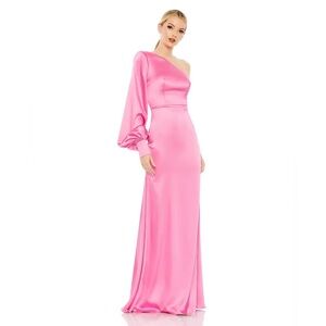 NWT $398 MAC DUGGAL ONE SHOULDER LONG SLEEVE PINK SATIN MAXI LONG DOWN DRESS